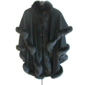 Designer Bloomingdales Black Wool & Fox Fur Trim Snap Front Cape Coat M/L